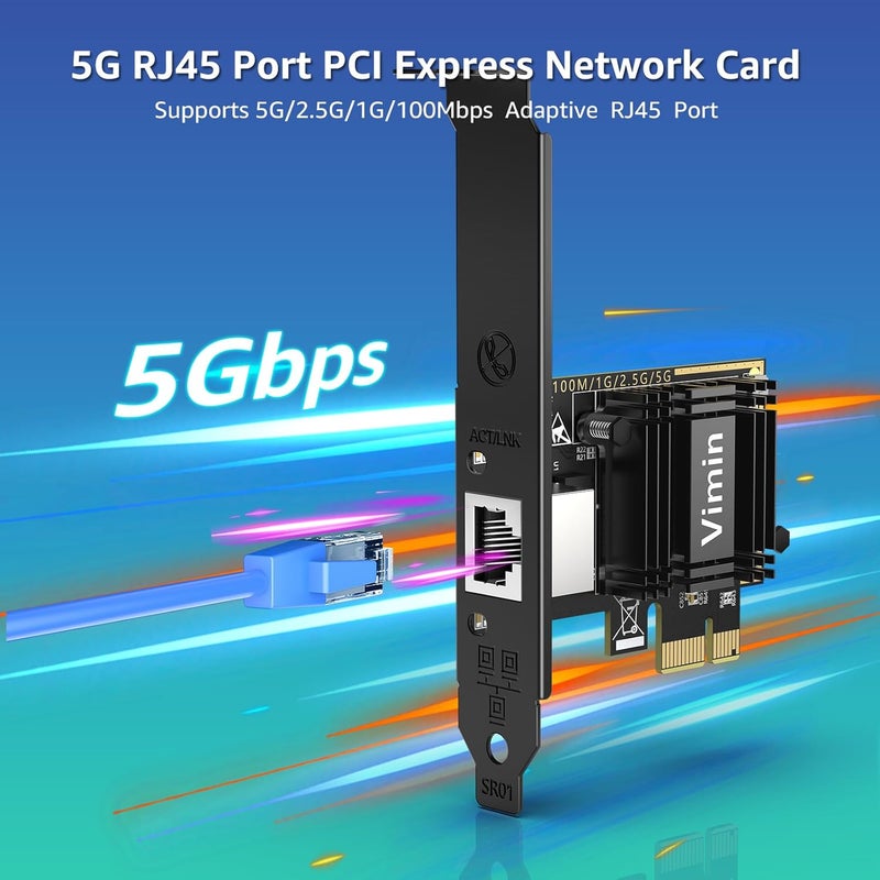 Vmin 5G Base-T PCIe Network Card with RTL8126, 5G Network Card RJ45 Port, 5G/2.5G/1000/100 Mbit/s, PCI Express Ethernet Adapter for Windows10/11, Vmware and Linux, Support WOL, for PCle x4, x8, x16 - Image 2